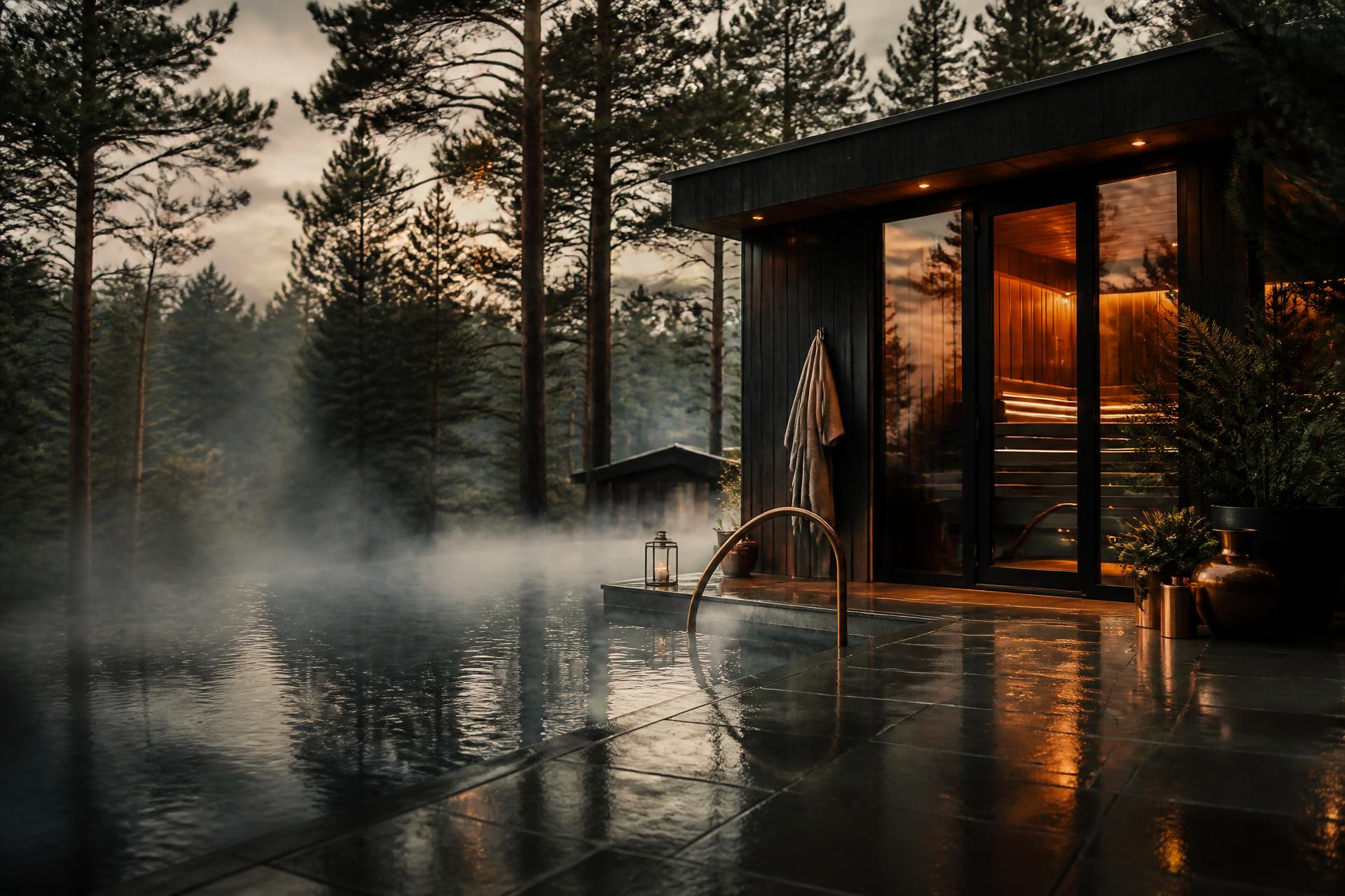 Sauna met dampend buitenbad in het bos bij zonsondergang