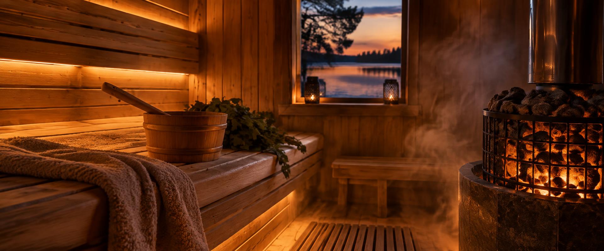 Warme cederhouten sauna met stoom en gloeiende kachel